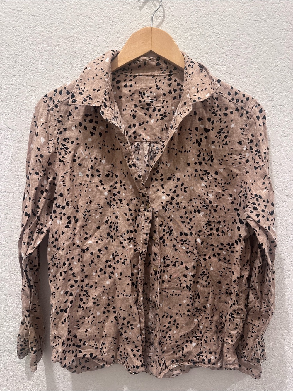 Pure Linen Tan Abstract Splatter Print Button‎ Down Long Sleeve Shirt Womens 12